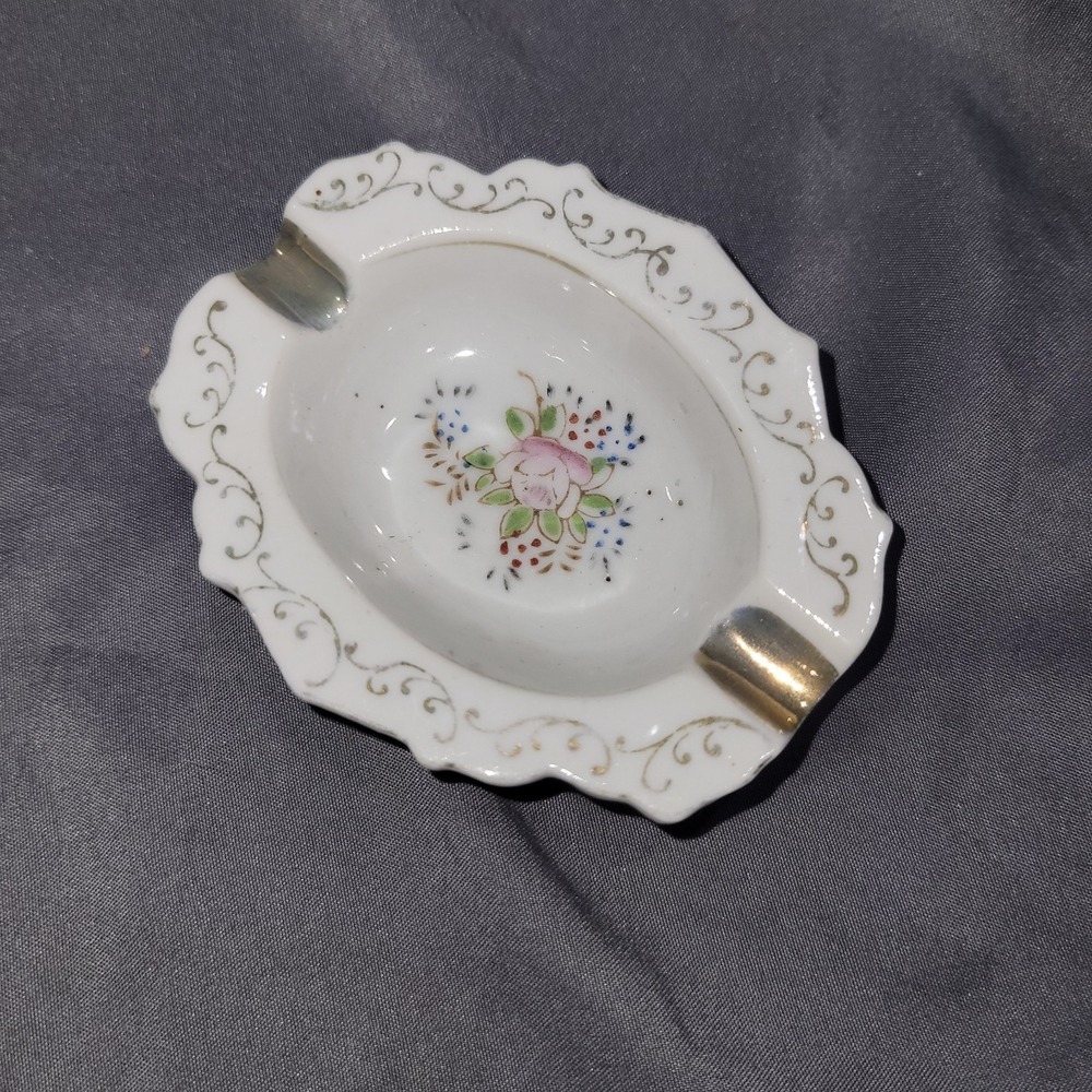 Vtg Made in Japan Individual Ashtray Flowers Roses Gold Trim Trinket Ring Dish